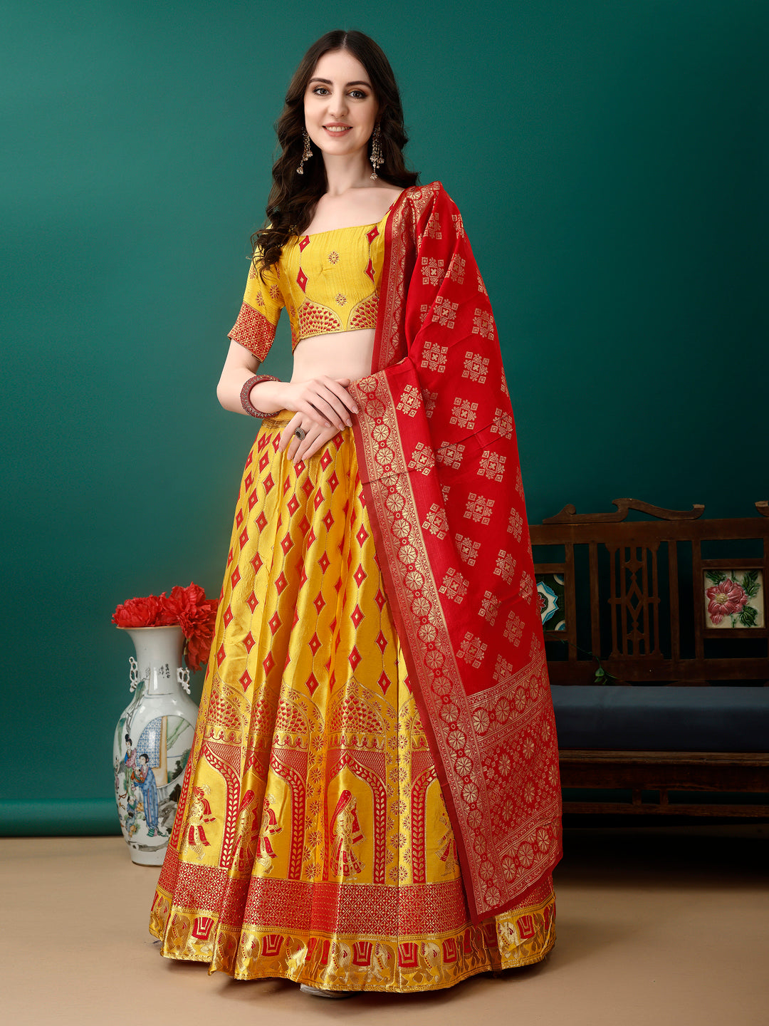 Kishoree Red Banarasi Silk Lehenga Choli with Zari Dupatta
