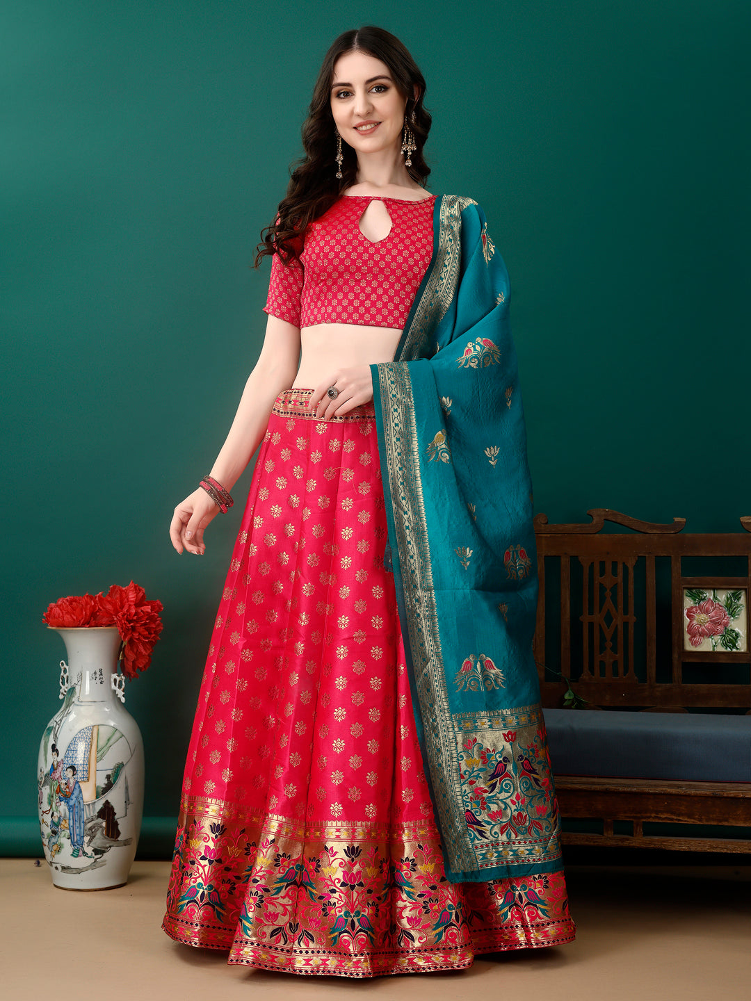 Kishoree Red Banarasi Silk Lehenga Choli with Zari Dupatta