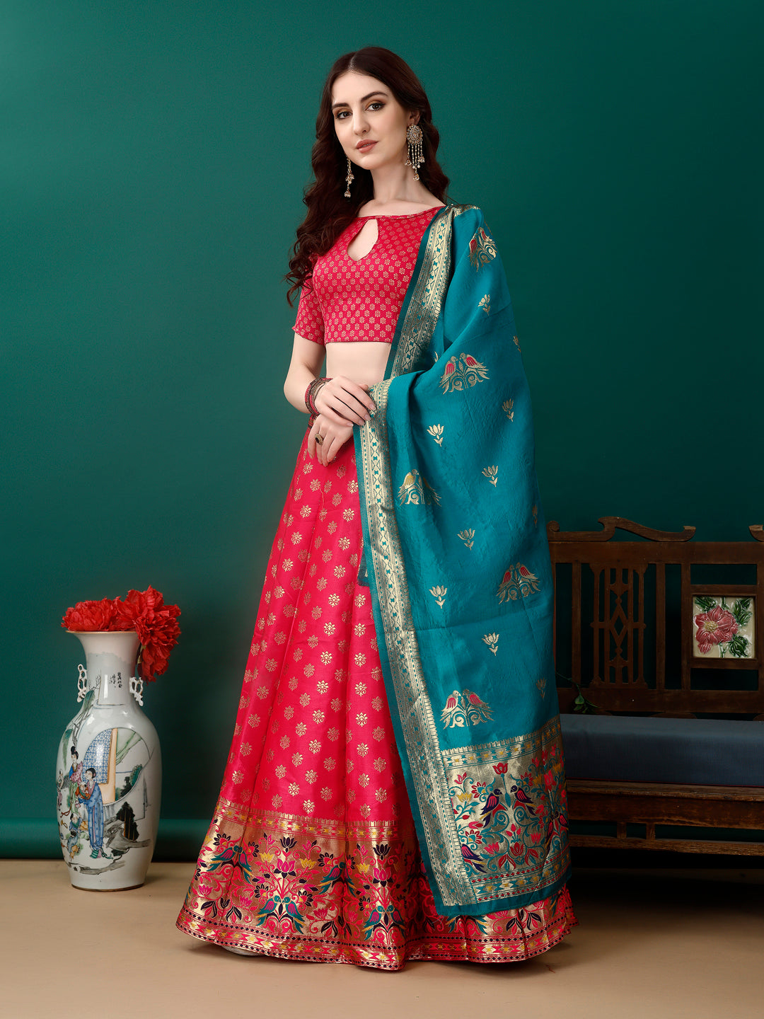 Kishoree Red Banarasi Silk Lehenga Choli with Zari Dupatta