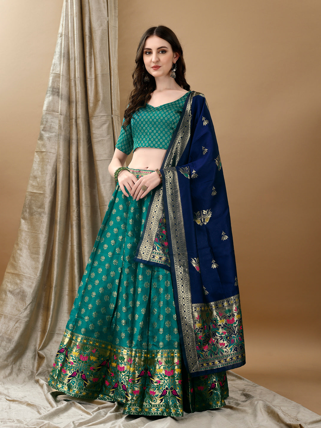 Kishoree Midnight Green Banarasi Lehenga with Mustard Zari Dupatta