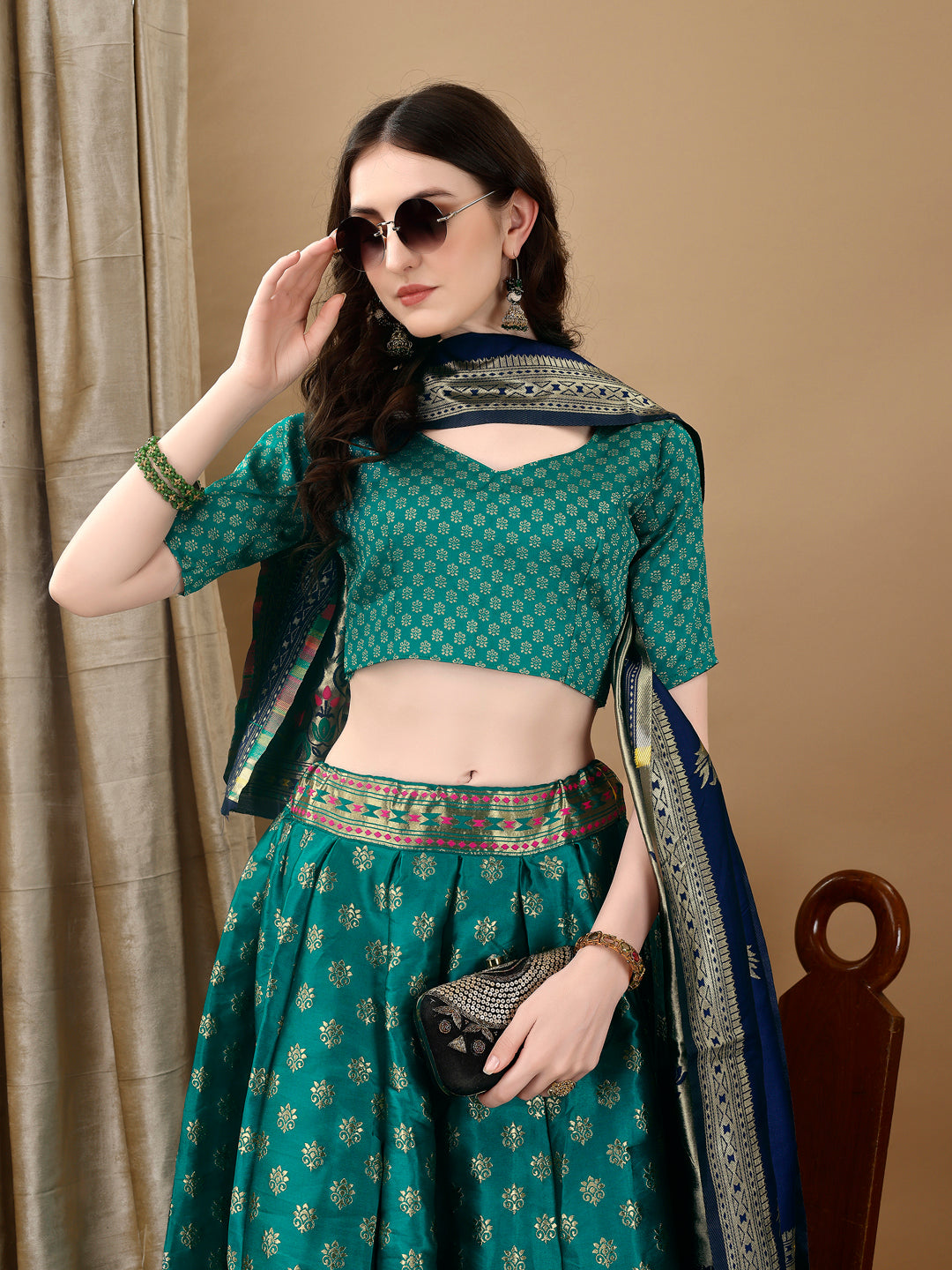 Kishoree Midnight Green Banarasi Lehenga with Mustard Zari Dupatta