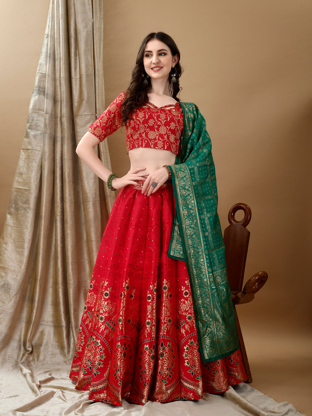 Kishoree Red Banarasi Lehenga with Mustard Zari Dupatta