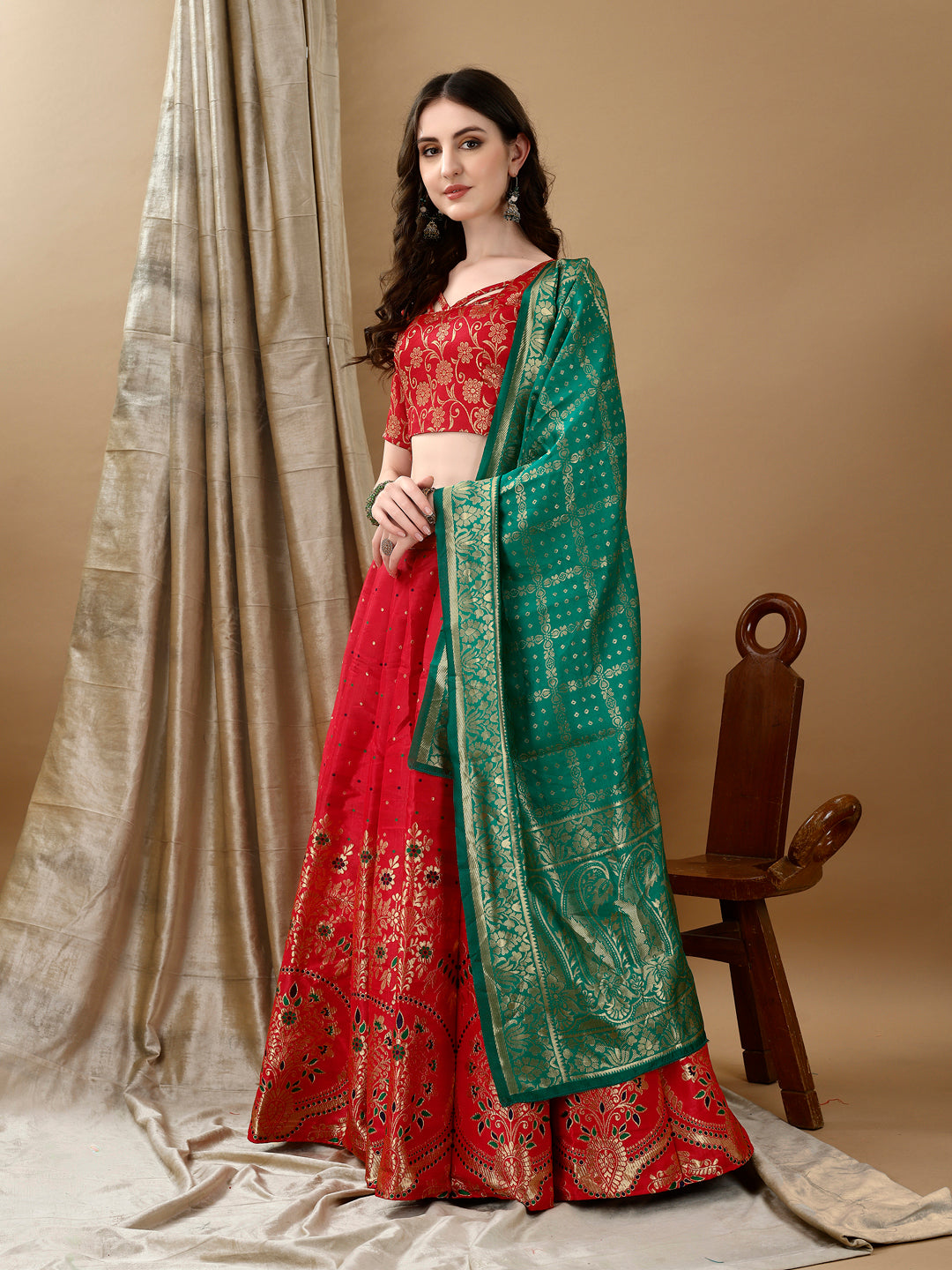 Kishoree Red Banarasi Lehenga with Mustard Zari Dupatta