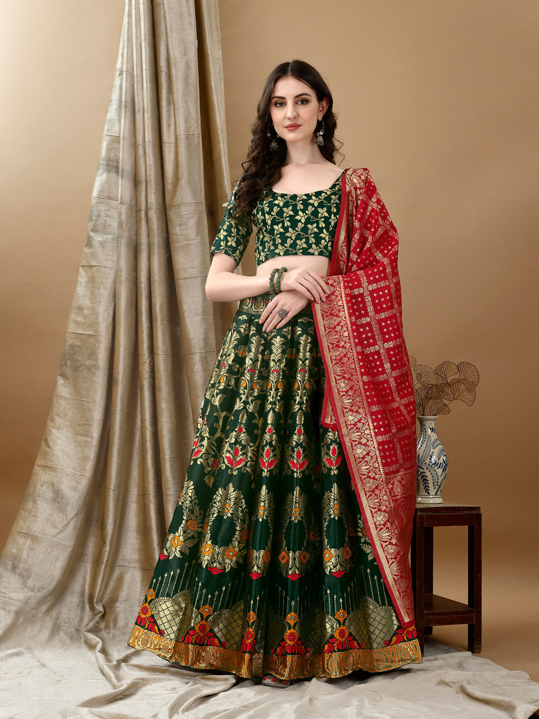 Kishoree Green Royal Lehenga with Zari Dupatta