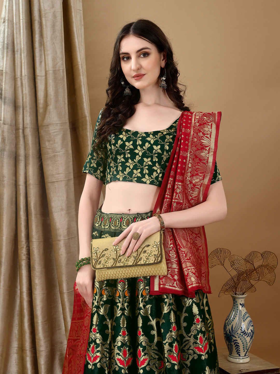 Kishoree Green Royal Lehenga with Zari Dupatta