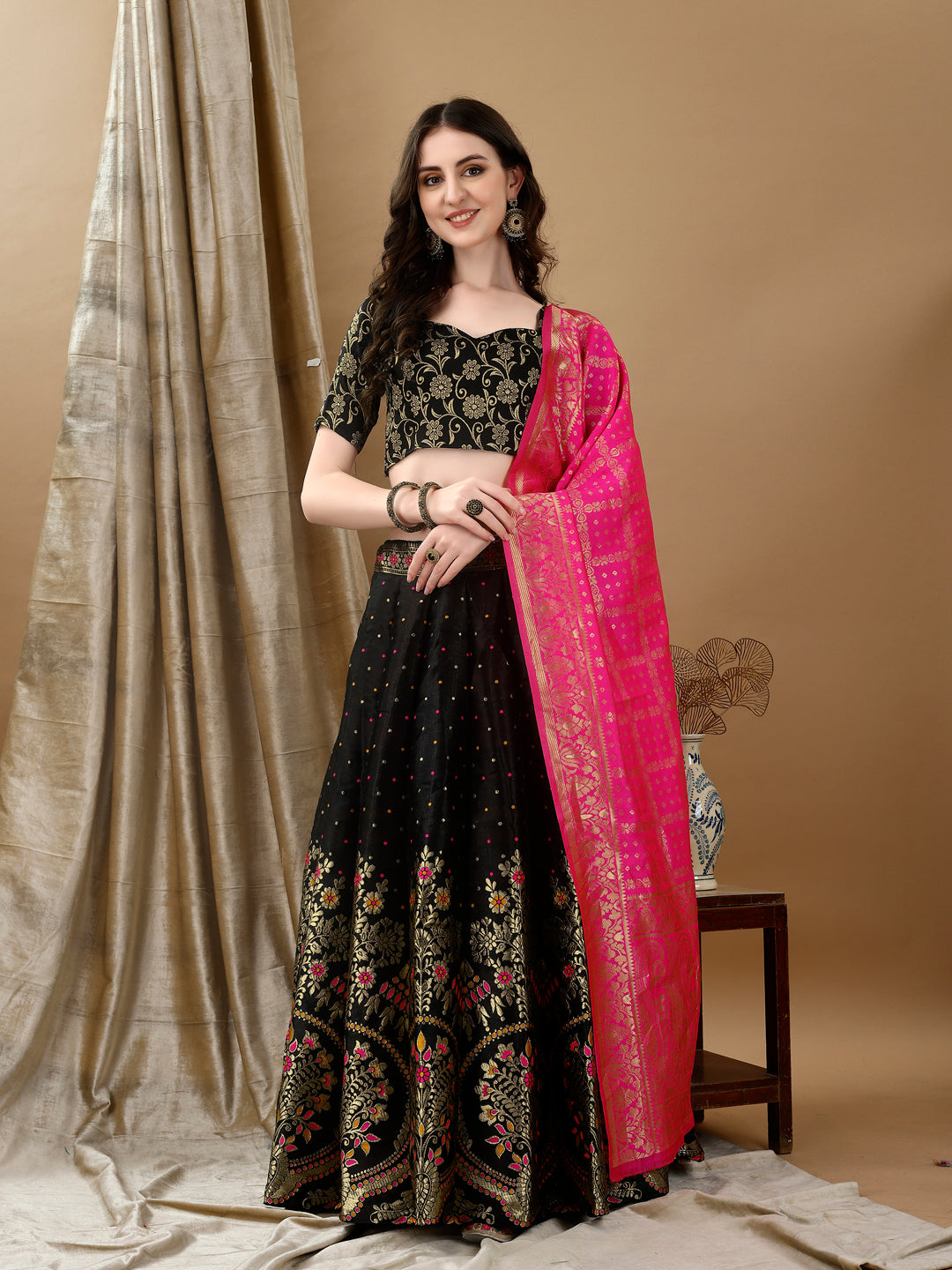 Kishoree Black Banarasi Lehenga with Zari Dupatta