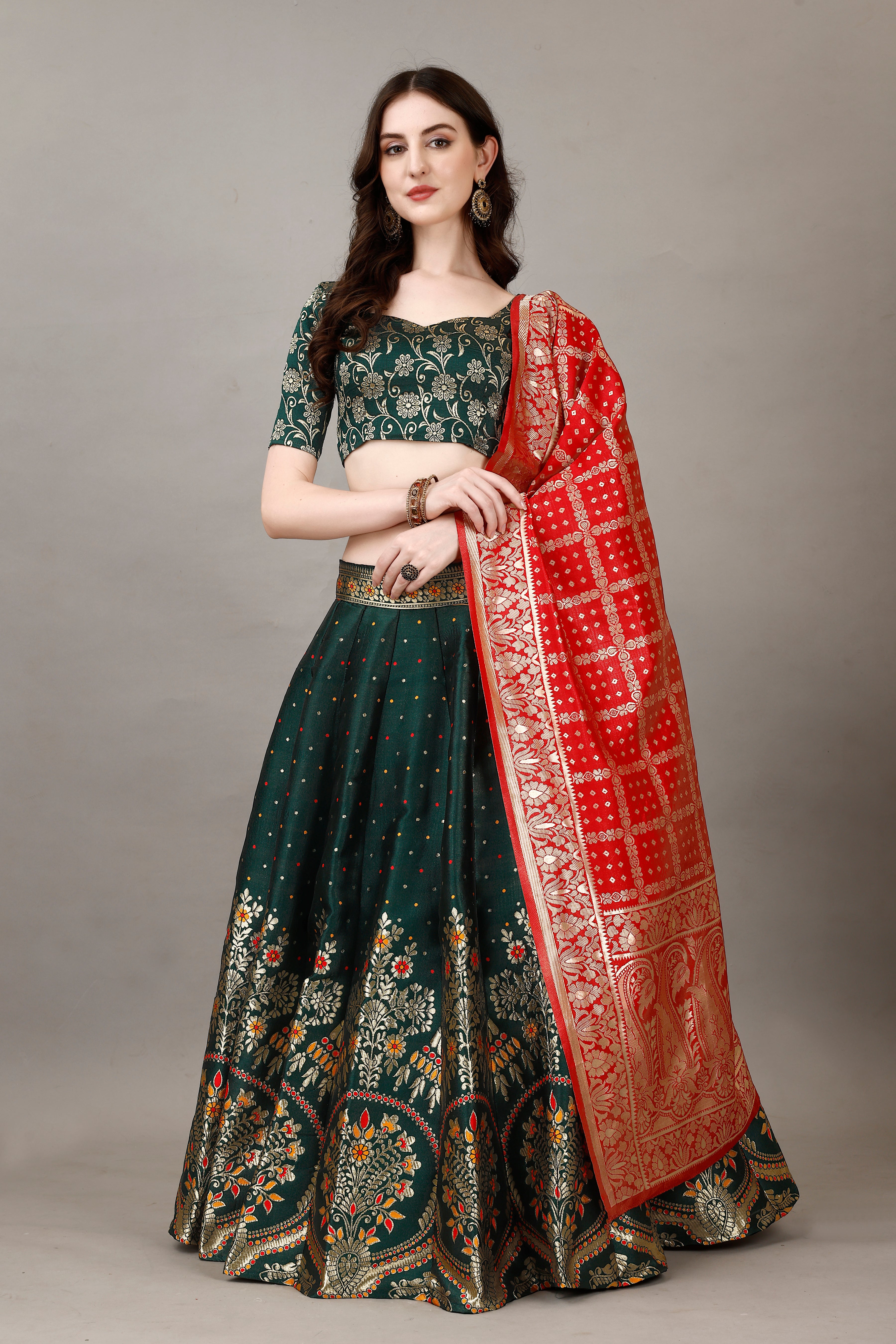 Kishoree Buterfly Green Banarasi Lehenga with Mustard Zari Dupatta