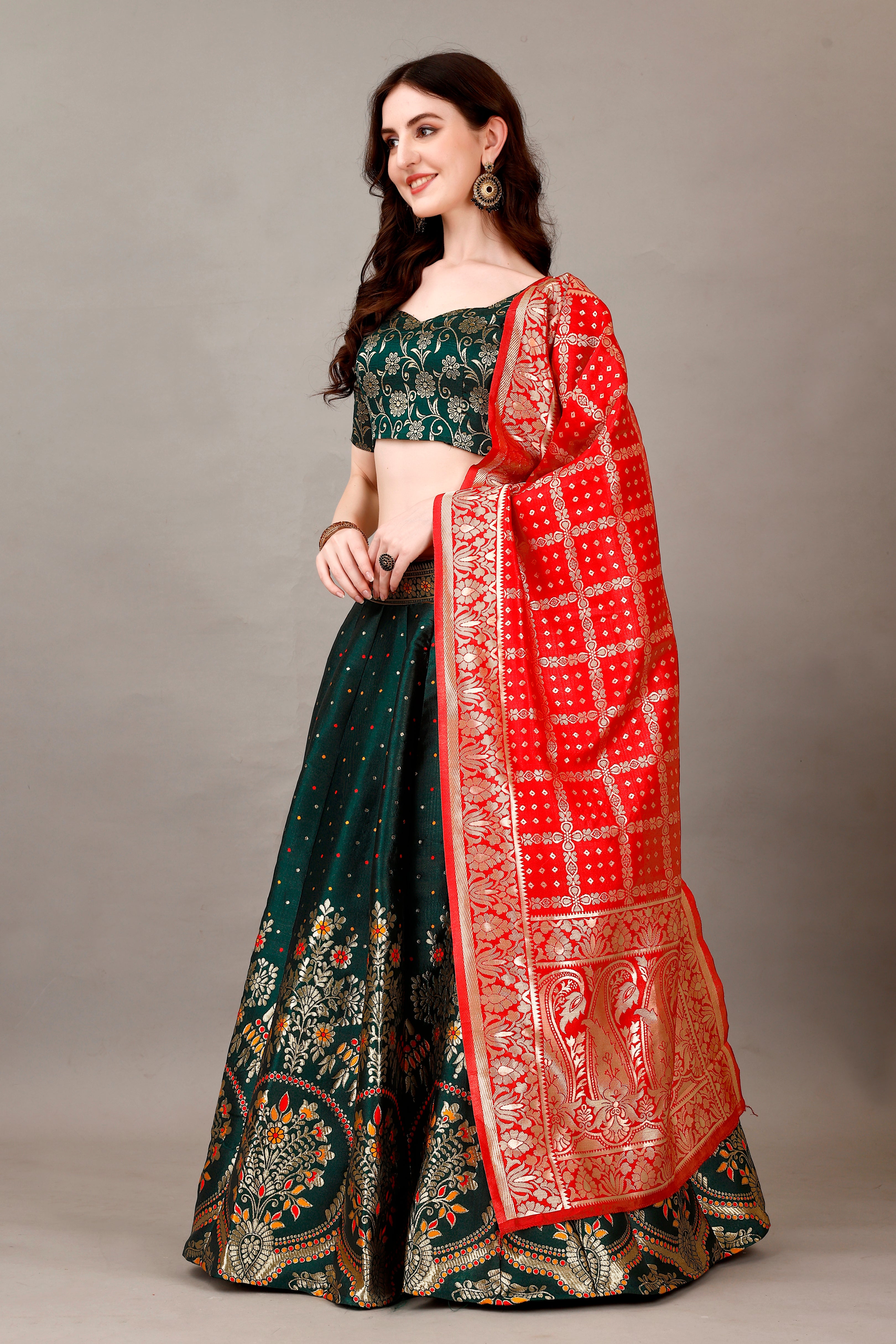 Kishoree Buterfly Green Banarasi Lehenga with Mustard Zari Dupatta