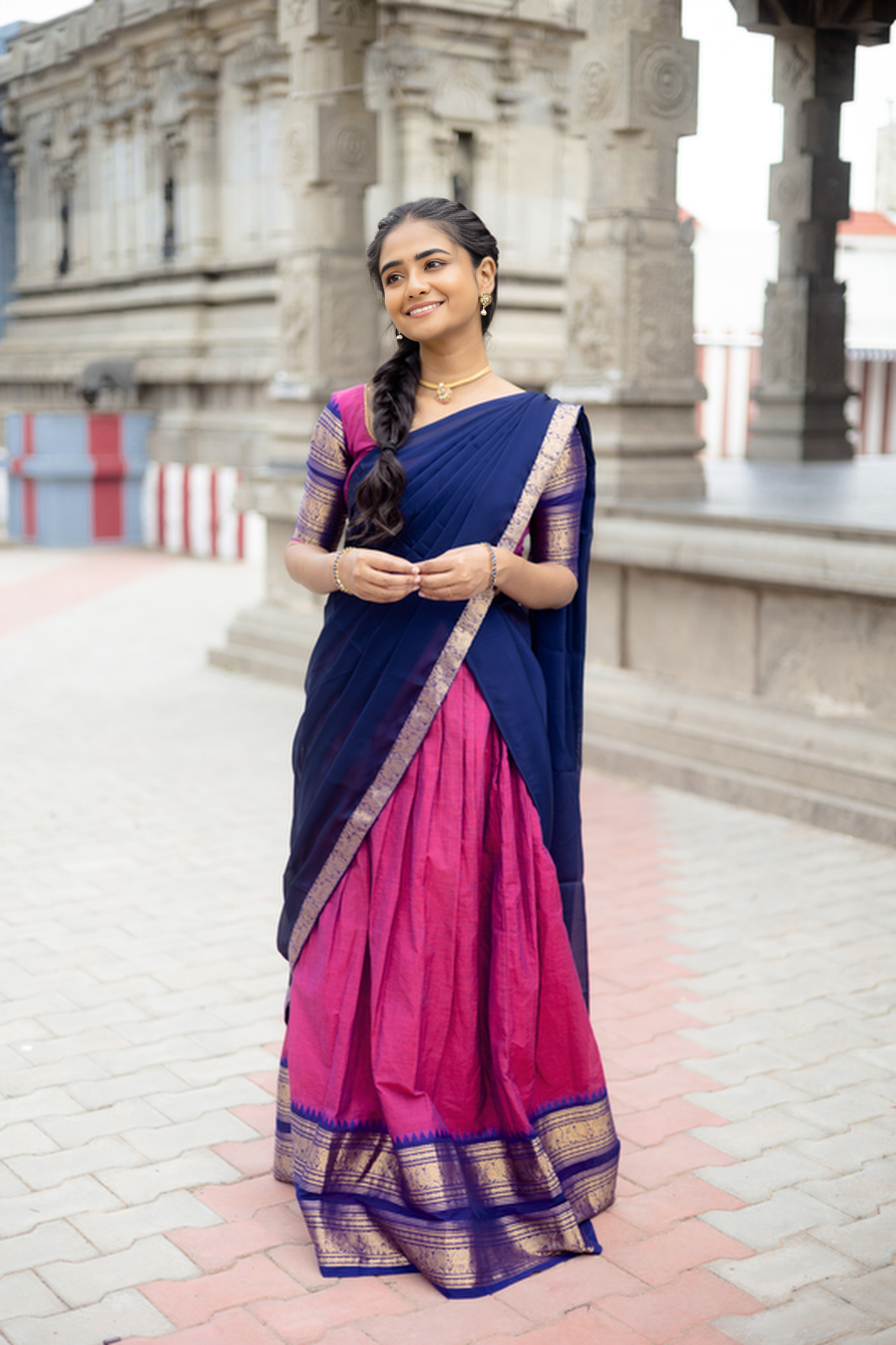 Traditional South Indian Lehenga Choli in Royal Blue and Pink – Temple Inspired Elegance