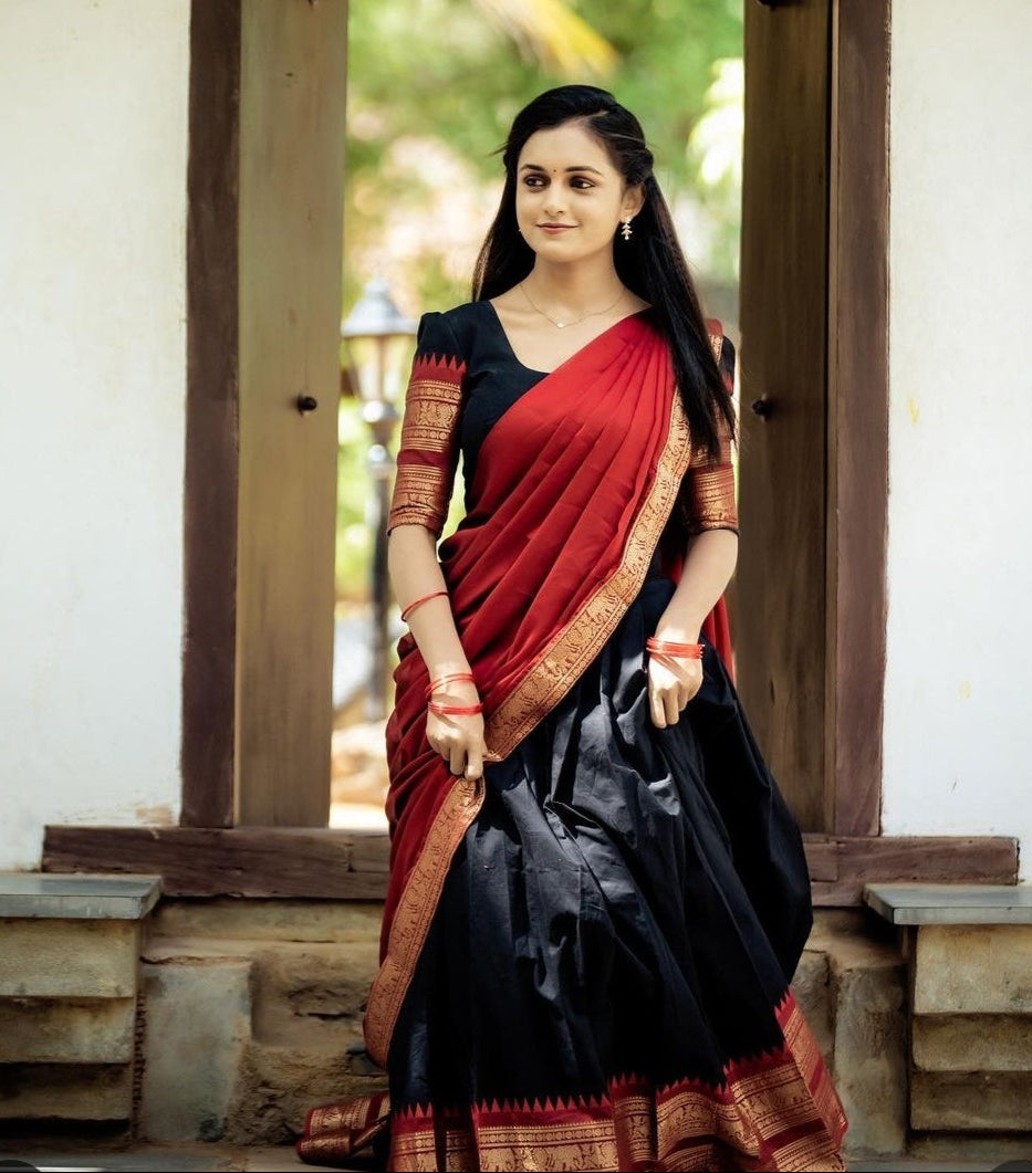 Traditional South Indian Lehenga Choli in Royal Black and Red