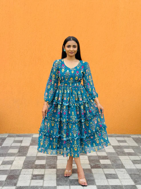 Kishoree Berry Blue Stylish 3-leyar Gown For Women.