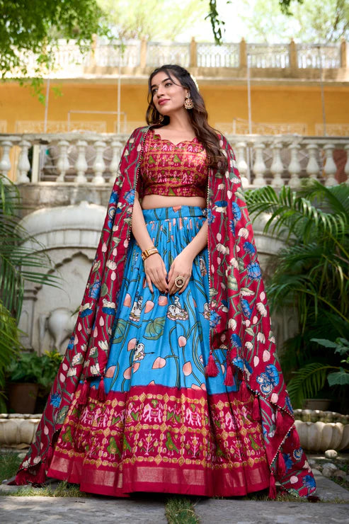 Kishoree's Style Akanksha-2 Kalamkari Tussar silk lengha Choli(semi-stitched).