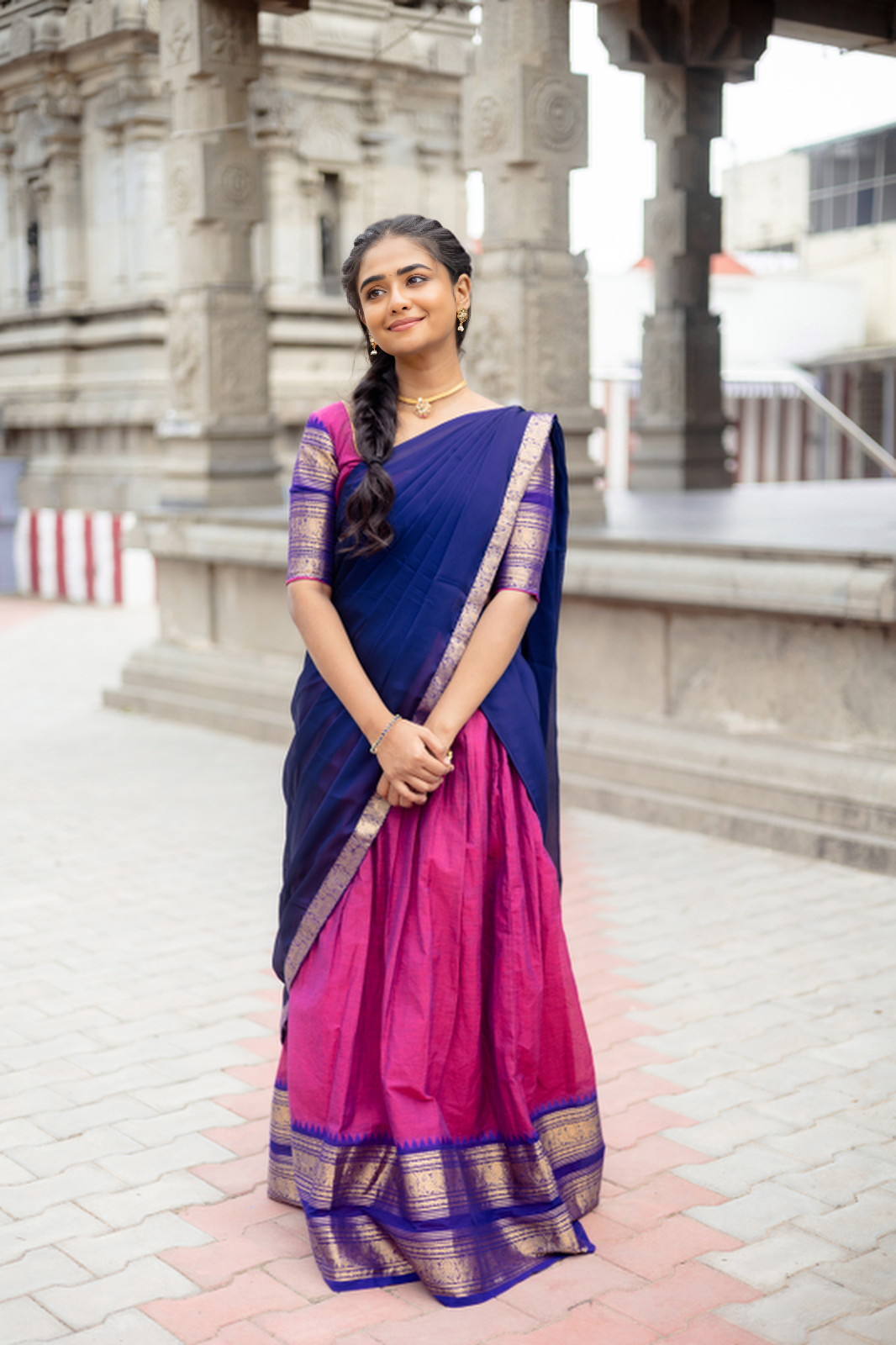Traditional South Indian Lehenga Choli in Royal Blue and Pink – Temple Inspired Elegance