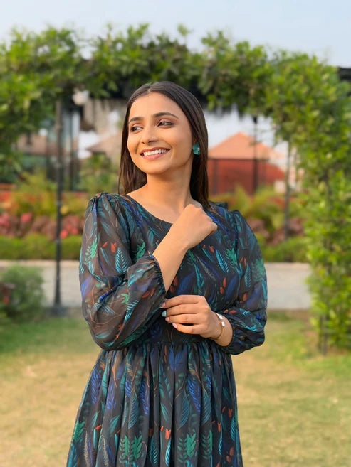 Kishoree Belisha Black Floral Stylish Print Gown For Women.