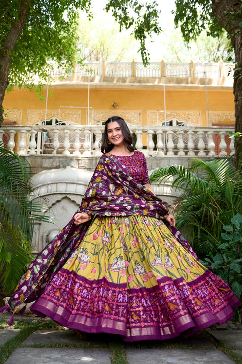Kishoree's Style Akanksha-2 Kalamkari Tussar silk lengha Choli(semi-stitched).