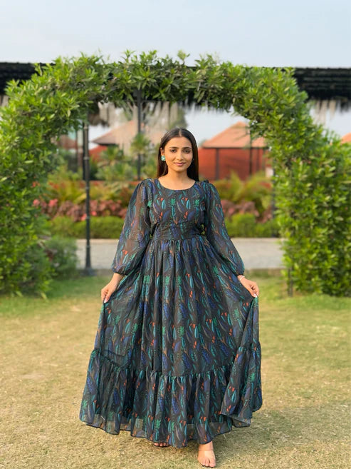 Kishoree Belisha Black Floral Stylish Print Gown For Women.