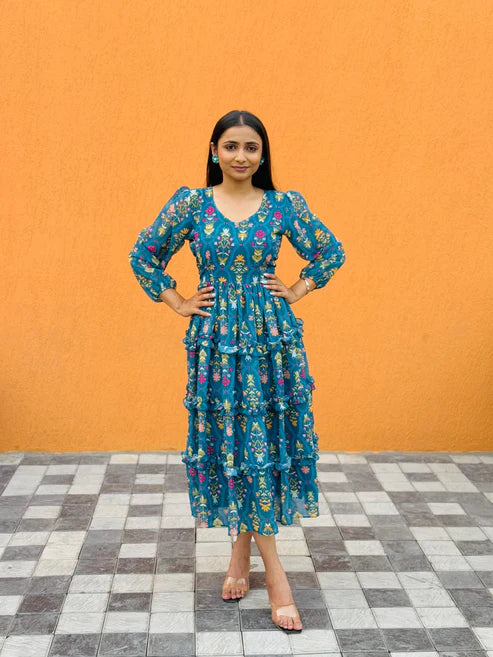 Kishoree Berry Blue Stylish 3-leyar Gown For Women.