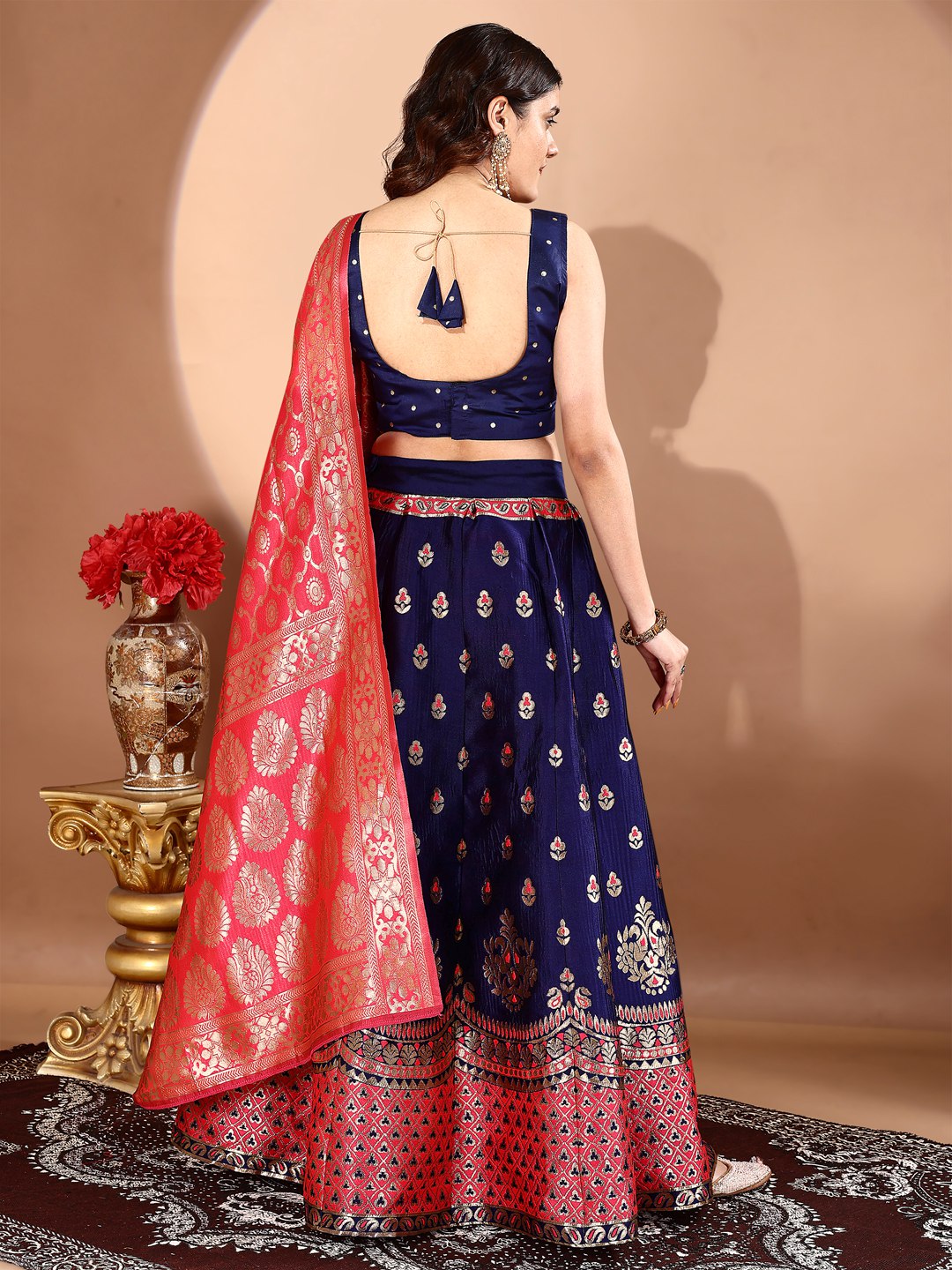 Kishoree Royal Blue & Red Banarasi Silk Lehenga Choli with Zari Dupatta
