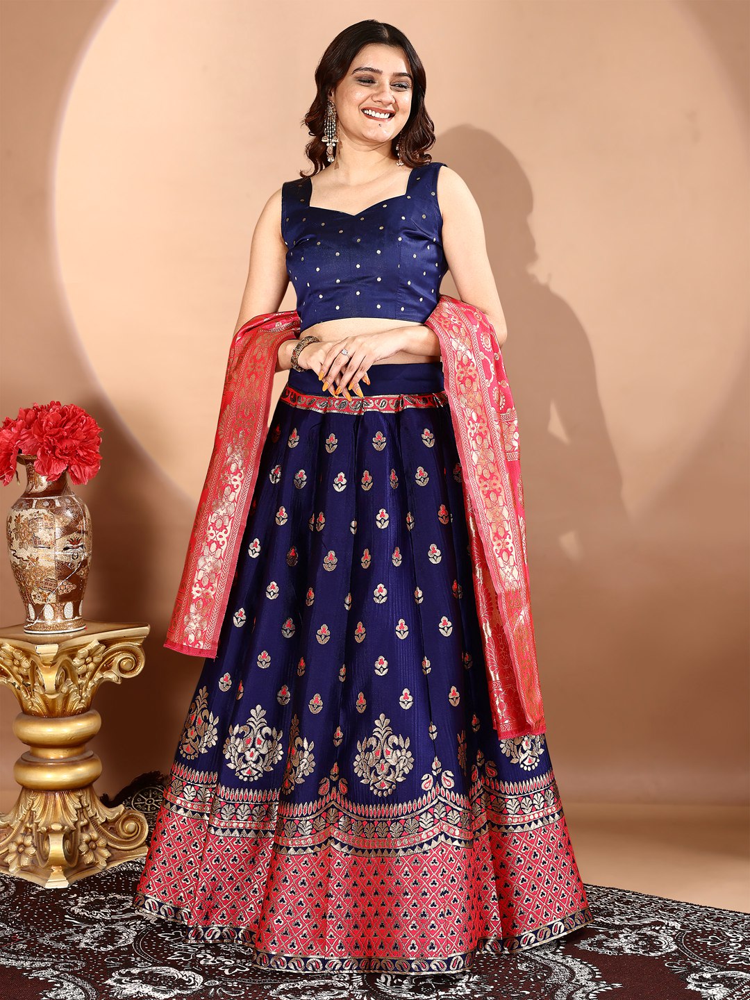 Kishoree Royal Blue & Red Banarasi Silk Lehenga Choli with Zari Dupatta