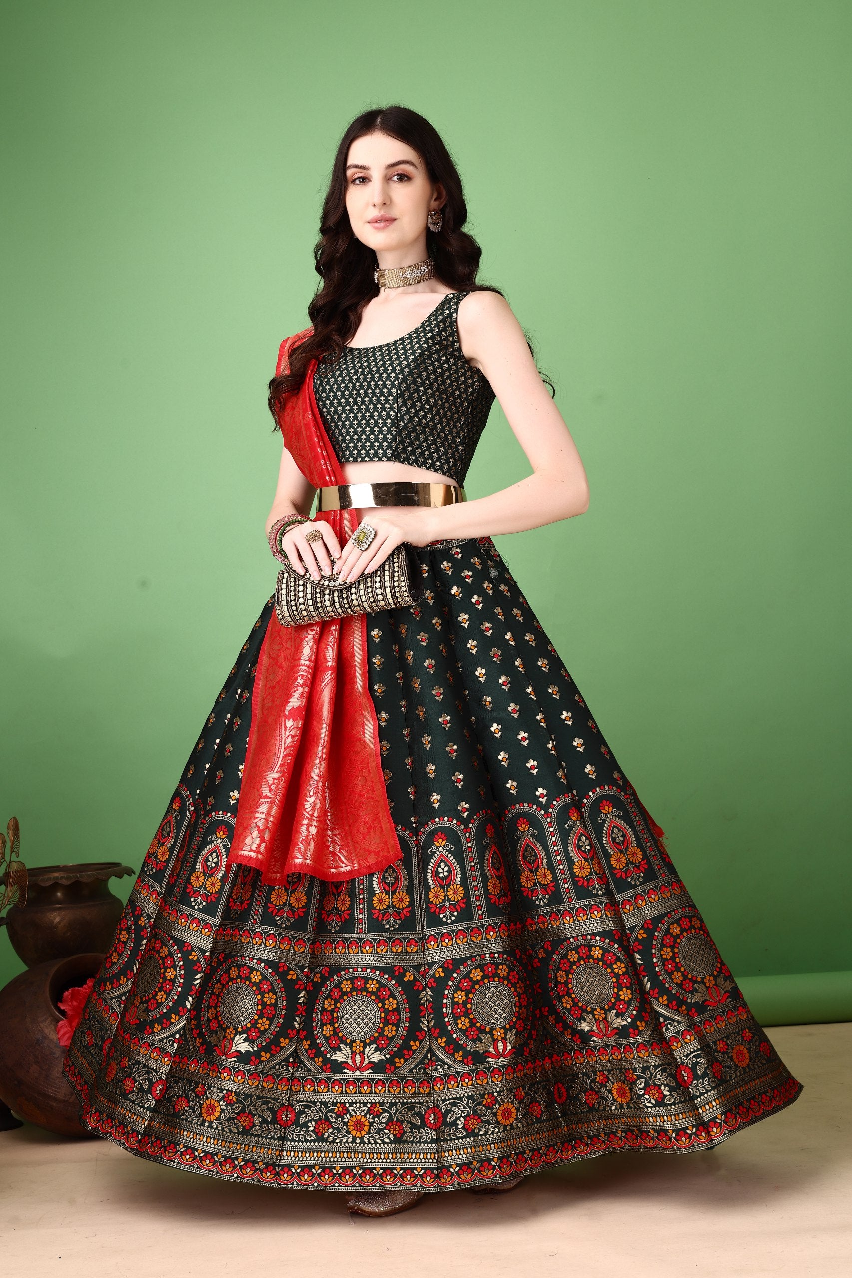 Kishoree Midnight Blue Banarasi Lehenga with Mustard Zari Dupatta