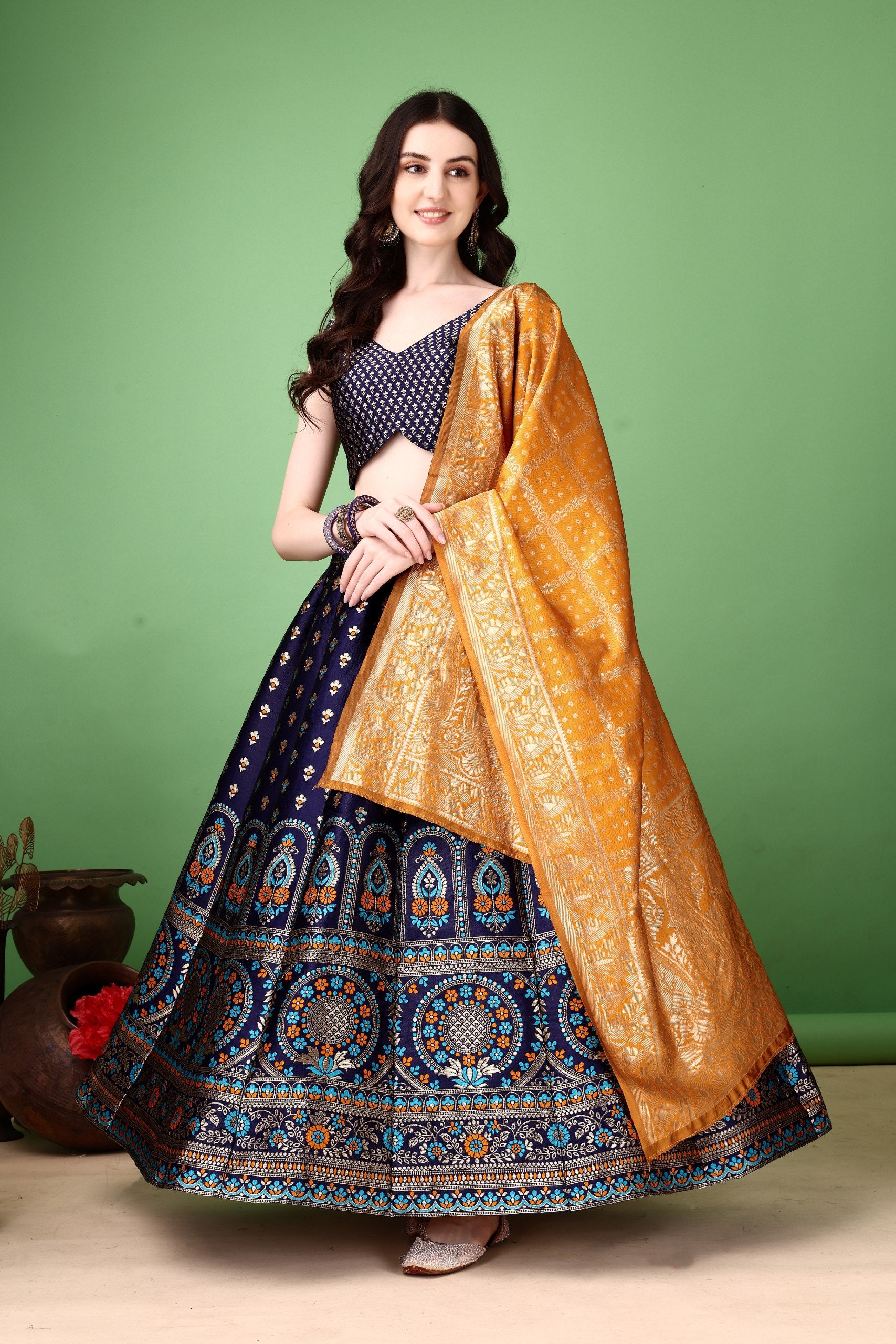 Kishoree Midnight Blue Banarasi Lehenga with Mustard Zari Dupatta