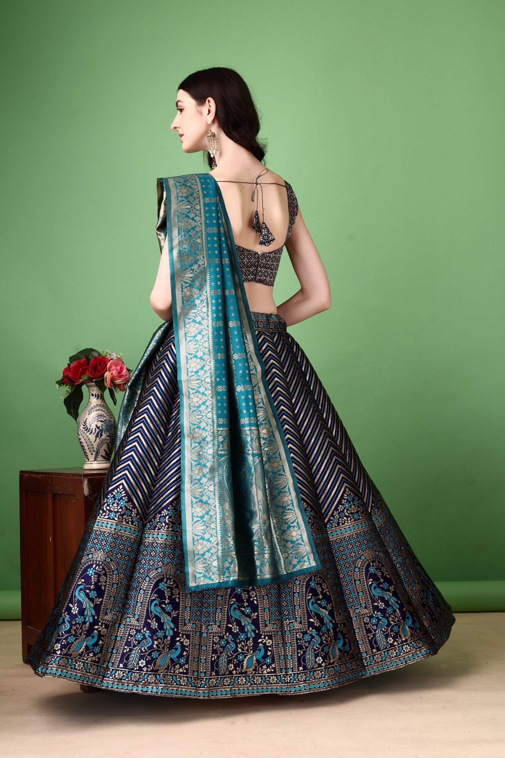 Kishoree Blue Banarasi Lehenga with Mustard Zari Dupatta