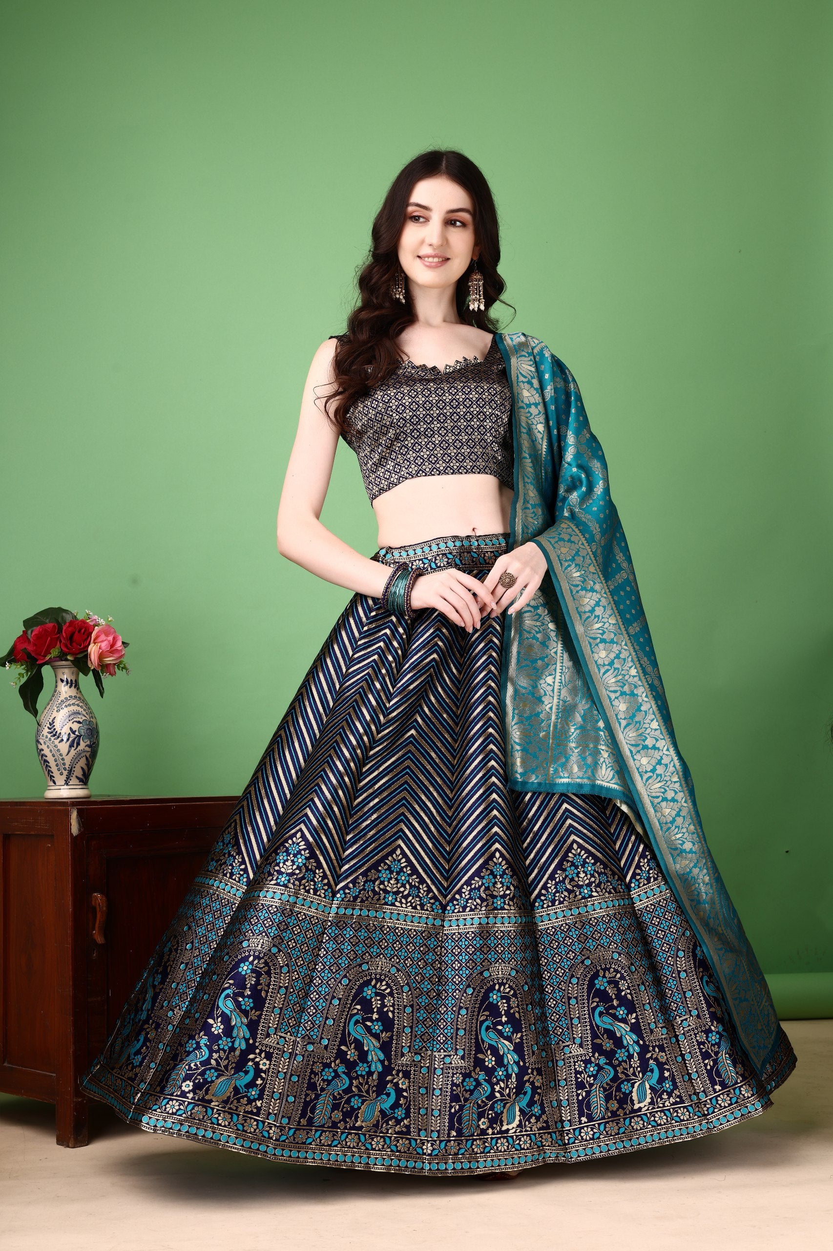 Kishoree Blue Banarasi Lehenga with Mustard Zari Dupatta