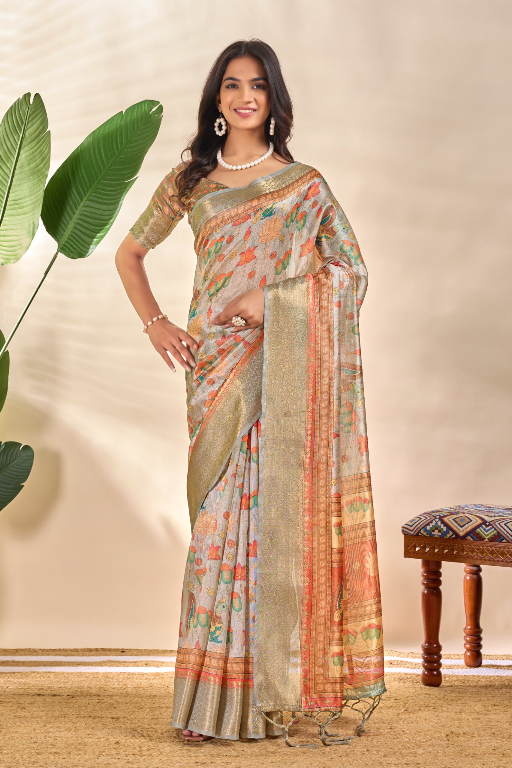 Royal Soft Silk Saree with Zari Border & Lotus Peacock Print