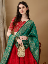 Kishoree Red Banarasi Lehenga with Mustard Zari Dupatta