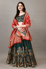 Kishoree Buterfly Green Banarasi Lehenga with Mustard Zari Dupatta