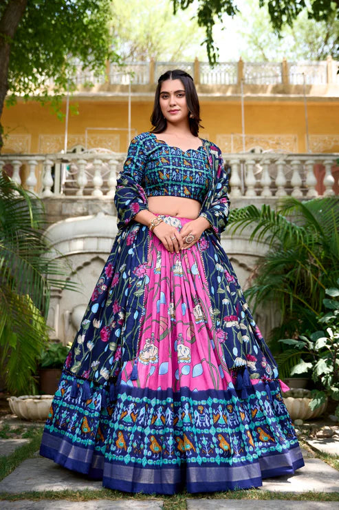 Kishoree's Style Akanksha-2 Kalamkari Tussar silk lengha Choli(semi-stitched).