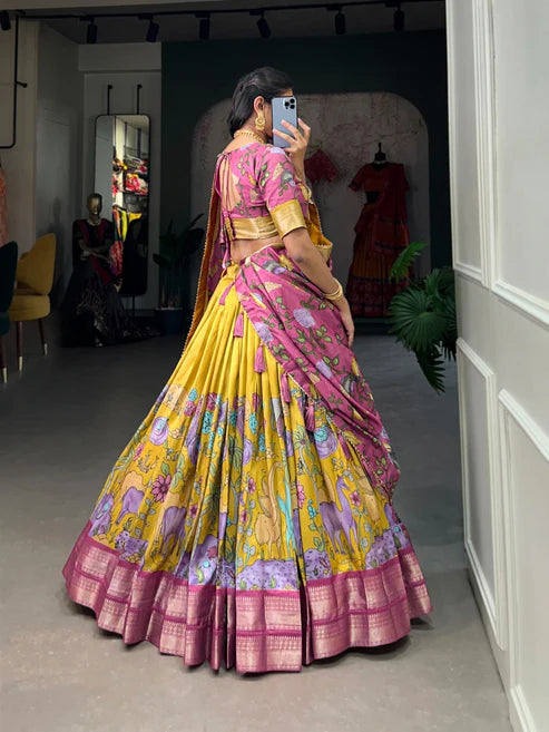 Kishoree's Style Akanksha Kalamkari Dola silk lengha Choli(semi-stitched).