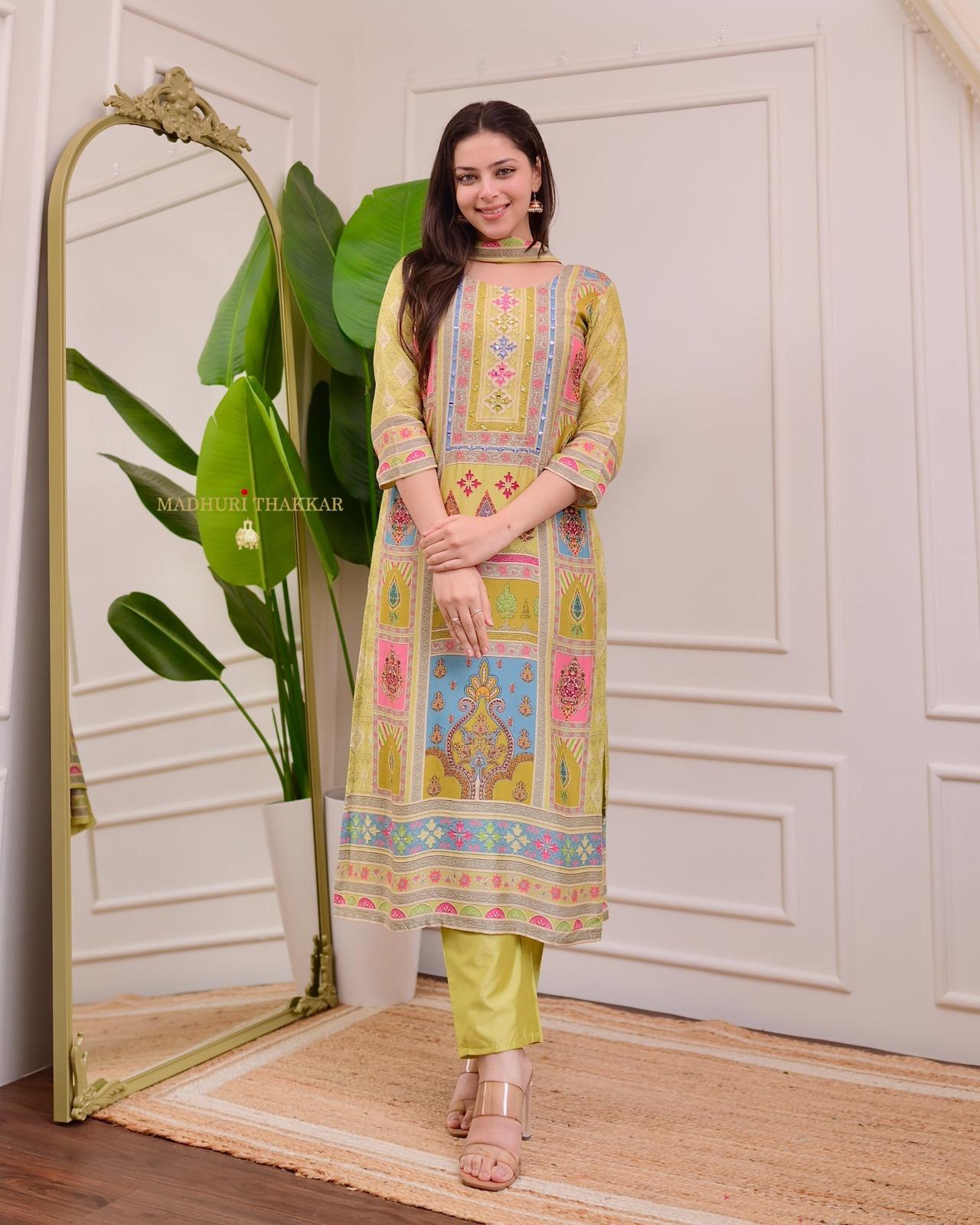 Krishoree's  Yellow Kurti and Pant & Dupatta Set