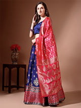 Kishoree Royal Blue & Red Banarasi Silk Lehenga Choli with Zari Dupatta